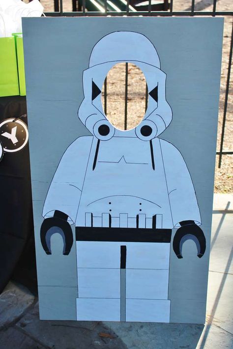 William's Star Wars Lego 5th Birthday Party | CatchMyParty.com Lego Star Wars Birthday Party Decoration, Star Wars Photo Backdrop, Star Wars Photo Booth, Lego Star Wars Birthday Party, Lego Star Wars Birthday, Lego Star Wars Party, Birthday Star Wars, Birthday Party Photo Booth, 18th Party