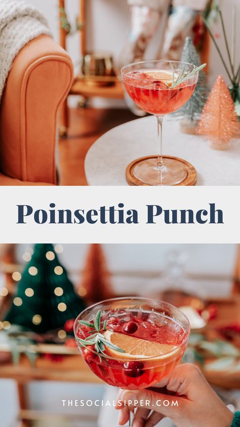 Looking for a fun holiday cocktail for the Christmas season? Try this poinsettia punch for a festive holiday drink that you can make as a batch drink for holiday parties. #holidaycocktails #holidaydrinks Christmas Cocktails Punch Bowl, Easy Batch Christmas Cocktails, Christmas Punch Champagne, Champagne Punch Christmas, Christmas Pitcher Drinks, Batch Cocktails Christmas, Holiday Batch Cocktails, Poinsetta Punch, Christmas Cocktail Punch