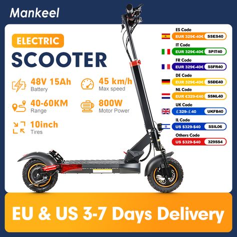 Mankeel Electric Scooter 800W 15Ah Foldable E Scooter 28MPH 10" Off Road Tire Powerful Electric Kick Hors Route, Off Road Tires, E Scooter, Electric Scooter, Electricity, Road