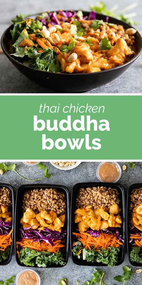 Filled with veggies, hearty farro and a spicy chicken, this Buddha Bowl with Thai Chicken will leave you craving for more. Don’t forget the spicy peanut sauce! #recipe #healthy #mealprep #chicken Budda Bowl Recipe, Mealprep Chicken, Healthier Dinners, Buddha Bowls Recipe, Delicious Meal Prep, Peanut Sauce Recipe, Healthy Bowls Recipes, Spicy Peanut Sauce, Low Carb Vegetarian Recipes