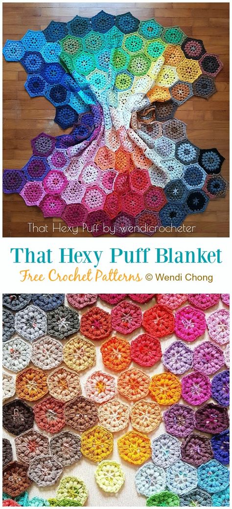 That Hexy Puff Blanket Crochet Free Pattern - Hexagon Blanket Free Crochet Patterns Aesthetic Crochet Blanket, Puff Blanket, Mood Blanket, Hexie Patterns, Hexagon Blanket, Hexagon Crochet Pattern, Crochet Hexagons, Lace Shawls, Temperature Blanket