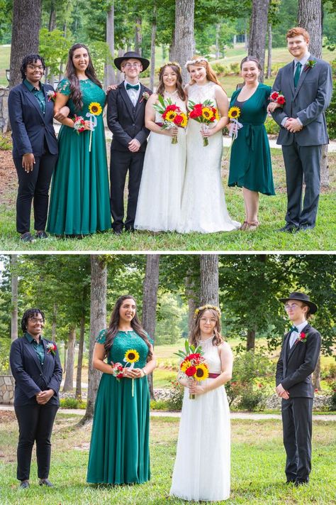 A collage featuring two images from an lgbtq+ wedding. The first image shows a wedding party of seven photographed outside among the trees. The second photo shows a wedding party of four photographed outside among the trees at the venue. Uneven Wedding Party, Lgbt Wedding Photography, Virginia Elopement, Lgbt Wedding, Two Brides, Wedding Entrance, Lgbtq Wedding, Best Practices, Elopement Photographer