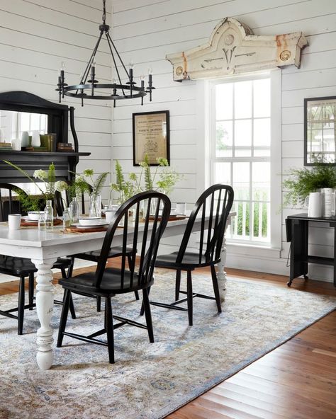 We Are So in Love with Joanna Gaines' New Rug Collection — Sponsored by Loloi Rugs Repainted Table, Farmhouse Dining Room Rug, Modern Farmhouse Dining Room Decor, Farmhouse Style Dining Room, Farmhouse Dining Rooms Decor, Modern Farmhouse Dining Room, Black Chairs, Farmhouse Dining Room Table, Modern Farmhouse Dining