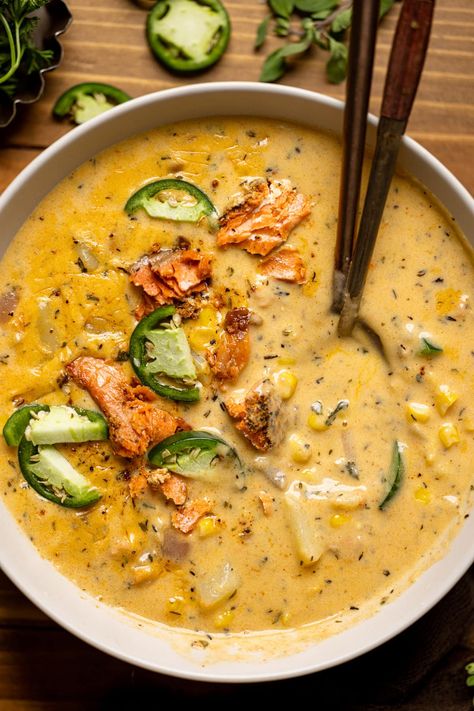 Creamy Blackened Salmon Chowder | Orchids + Sweet Tea Onion Substitute, Salmon Chowder, Seafood Stock, Blackened Salmon, Gold Potatoes, Chowder Soup, Sockeye Salmon, Yukon Gold, Dairy Free Cheese