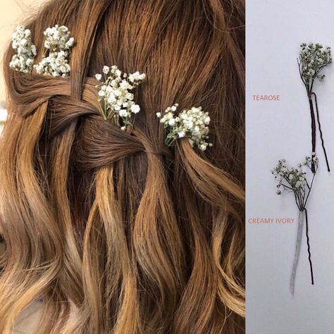 Set of 4 - Dried Gypsophila flower hair pins. Fabulous for brides' bridesmaids' parties or festivals. These Gypsophila hair pins are very easy for your stylist to fix into braids and updos. They are hand-wrapped in Tea rose or Creamy ivory floral tape, just choose the colour you prefer from the drop down. Dried flower Gypsophila hair pins are so versatile they can be placed tightly together for a fuller look or placed individually for a more delicate look. The Gypsophila flowers are dried for ea Flower Gypsophila, Gypsophila Hair, Bridesmaid Hair Flowers, Dried Gypsophila, Flower Hair Clips Wedding, Flower Wedding Hair, Gypsophila Wedding, Gypsophila Flower, Flower Hair Accessories Wedding