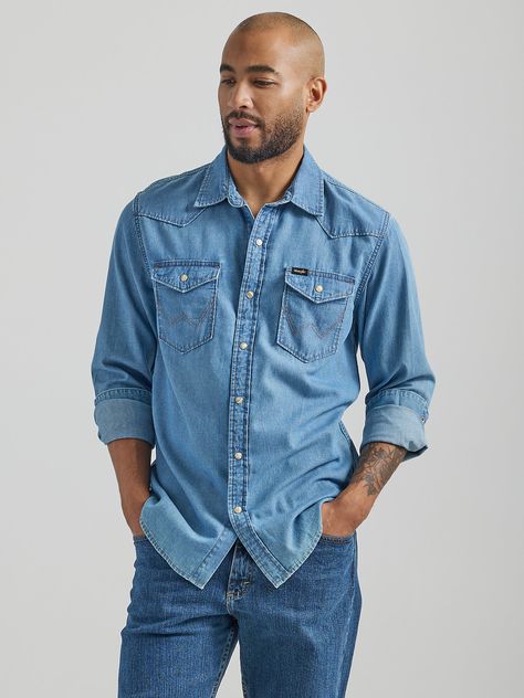 Men's Iconic Cowboy Wash Denim Shirt | Men's SHIRTS | Wrangler® Western Denim Shirt Men, Cowboy Shirts For Men, Wrangler Denim Shirt, Men's Retro Style, Plain White T Shirt, Shirt Jacket Men, Western Denim Shirt, Workwear Jeans, Denim Shirt Men