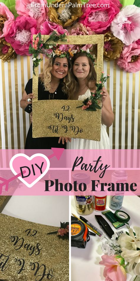 DIY Party Photo Frame < From Under a Palm Tree Photo Booth Backdrop Frame, Retreat Decor, Baby Shower Photo Booth Props, Party Photo Frame, Moms 60th, Mehndi Ideas, 60th Bday, Wedding Photo Booth Props, Frame Props