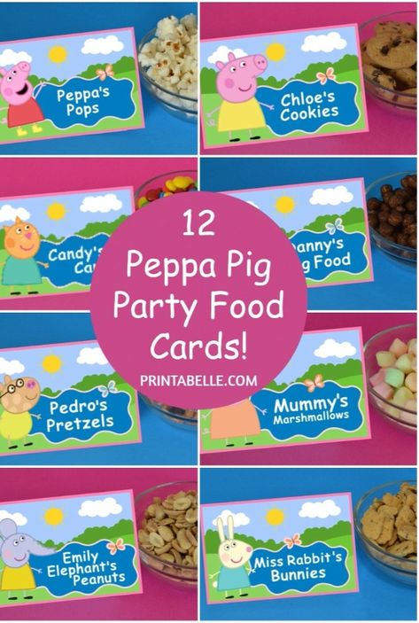 This printable Peppa Pig party food card set comes with 12 party food cards, plus a free printable sign.   The cards include:  Peppa's Pops, Mummy's Marshmallows, Daddy's Doritos, Chloe's Cookies, Pedro's Pretzels, Miss Rabbit's Bunnies, Suzy's Snacks, George's Dinosaurs, Zoe's Zebra Cakes, Emily Elephant's Peanuts, Danny's Dog Food, and Candy's Candy.  <strong>PRINTABLE PDFs WILL BE EMAILED TO YOU WITHIN 24 HOURS OF PURCHASE! If needed so... Pig Party Food, Peppa Pig Birthday Party Food, Peppa Pig Party Food, Pig Birthday Party Decorations, Peppa Pig Birthday Party Decorations, Greta Gris, Mickey Mouse Clubhouse Party, Food Cards, Pig Food