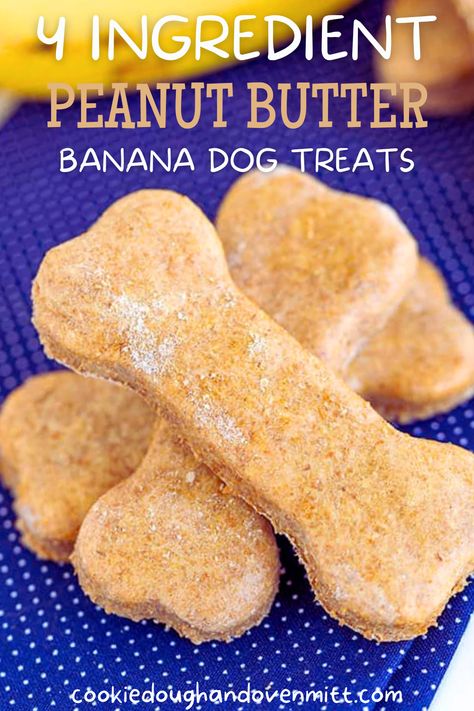 These 4-ingredient peanut butter dog treats are so easy to make. Bananas, creamy peanut butter, eggs, and whole wheat flour are all you need and they bake in 20 minutes or less! Homemade dog treats are a great way to monitor what goes in your dog's tummy and also use up old bananas. Wheat Flour Dog Treats, Whole Wheat Dog Treats, Banana Peanut Butter Dog Treats, Dog Treats Homemade Peanut Butter, Banana Dog Treat Recipe, Dog Cookie Recipes, Banana Flour, Banana Treats, Dog Treats Homemade Easy