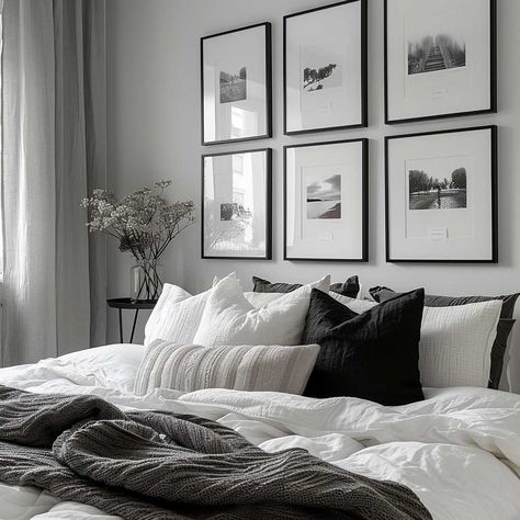 4+ Sophisticated Master Bedroom Wall Decor Ideas in Black • 333+ Art Images Master Bedrooms Artwork, Black And White Photos Over Bed, Over Headboard Decor Ideas Wall Art, Wall Art Over Bed Decorating Ideas, Pictures Behind Bed, Black And White Bedroom Wall Decor, Over Headboard Decor Ideas, Pictures Over Bed, Pictures Above Bed