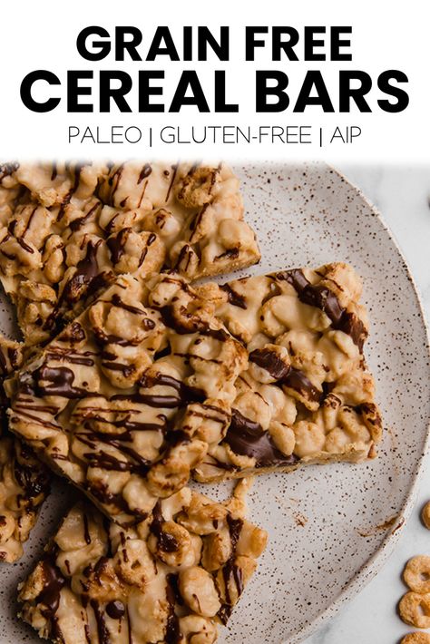 These AIP cereal bars are going to be your new favorite AIP-friendly snack! They're made with Lovebird cereal, coconut butter, and a chocolatey drizzle. Aip Cereal, Lovebird Cereal, Aip Paleo Breakfast, Sugar Free Cereal, Paleo Cereal, Rice Crispy Bars, Aip Baking, Clean Eating Baking, Aip Snack