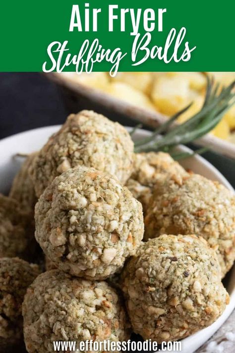 Perfect for Sunday roasts or Christmas dinner, these easy air fryer stuffing balls are made with store-bought sage and onion stuffing mix! Air Fryer Stuffing, Moist Stuffing, Onion Stuffing, Stuffing Balls Recipe, Sunday Roasts, Sage And Onion Stuffing, Stuffing Balls, Sandwich Fillers, Quick Side Dishes