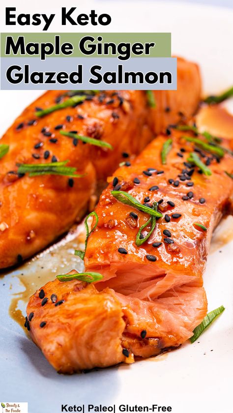 Two baked salmon fillets in an Asian maple ginger glaze with sesames seeds and green onion. Maple Ginger Salmon, Ginger Glazed Salmon, Salmon Keto, Ginger Glaze, Sheet Pan Salmon, Gluten Free Salmon, Maple Glazed Salmon, Ginger Salmon, Delicious Low Carb Recipes