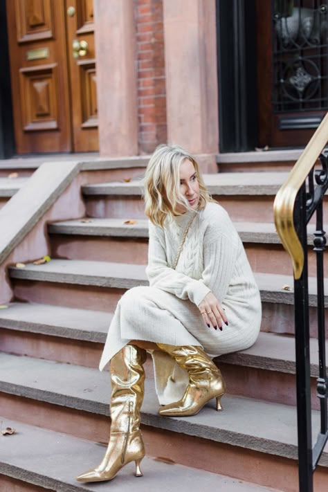 KNEE-HIGH GOLD BOOTS: AN UNEXPECTED OUTFIT-MAKER | These knee-high gold boots from Nordstrom...*sigh.* They bring me joy every time & pair unexpectedly well w/ sweater dresses & cropped jeans. | #TheMomEditStyle #GoldBoots #KneeHighBoots #GoldKneeHighBoots #MetallicGoldBoots #SweaterDress #CreamSweaterDress #StraightLegJeans #CroppedJeans #CashmereSweaterWomen #MidiDress #MidiSweaterDress #TallBoots #KneeHighBootsOutfit #JeansBootsOutfit #CozyOutfits #Nordstrom Tall Metallic Boots Outfit, Gold Boots Outfit Winter, Metalic Boot Outfits, Gold Boot Outfit, Gold Knee High Boots Outfit, Outfits With Gold Boots, Golden Boots Outfit, Gold Booties Outfit, Cream And Gold Outfit