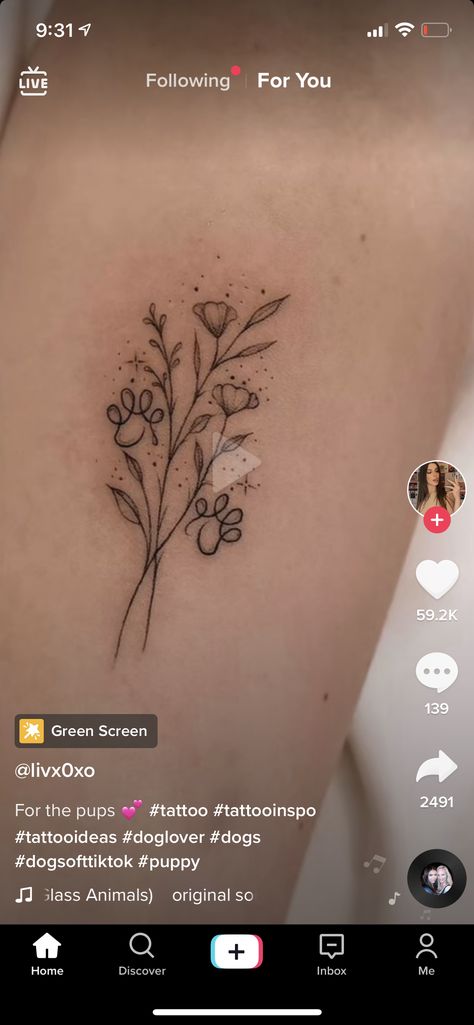 Flower Dog Print Tattoo, Dog Print Flower Tattoo, Flower Paw Tattoo, Paw Print Bouquet Tattoo, Dog Paw Flower Tattoo, Paw Flower Tattoo, Flower Dog Tattoo, Dog And Flower Tattoo, Bloom Tattoo