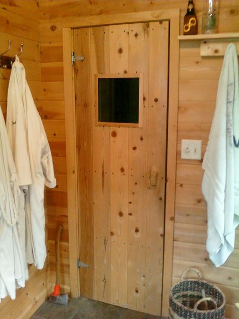 build your own sauna door Diy Sauna Door, Sauna Door Handle, Sauna Door Ideas, Sauna Design Interior, Build Your Own Sauna, Sauna Plans, Mcm Ranch, Homemade Sauna, Sauna Build