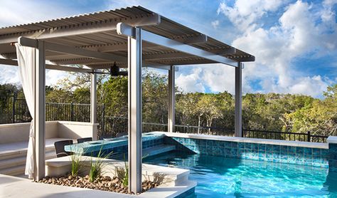 pergola over pool entrance.  but covered with wisteria Pool Shade Ideas: 7 Ways to Cover Your Swimming Pool Ombra Pergola, Pool Pergola, White Pergola, Pool Shade, Small Pergola, Modern Pergola, Pergola Design, Pergola Canopy, Backyard Pergola