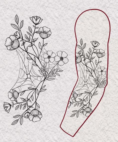 Floral Pieces Tattoo, Witchie Tattoo Ideas, Web And Flower Tattoo, Botanical Witchy Tattoo, Plant And Bones Tattoo, Nature Tattoos Traditional, Spot Filler Tattoo, Cute But Spooky Tattoos, Flowers And Spider Tattoo