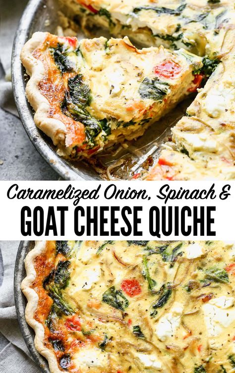 This caramelized goat cheese quiche with spinach has rich flavors, a creamy filling, and a crisp, buttery crust. Perfect for brunch or weeknight meals! Quiche With Spinach, Spinach Goat Cheese, Goat Cheese Quiche, Vegetarian Quiche, Veggie Quiche, Gut Diet, Quiche Recipes Easy, Goat Cheese Recipes, Cheese Quiche