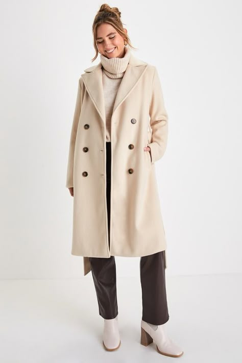 Season of Sophistication Cream Double-Breasted Coat Wool Coat With Buttons, Cream Belted Coat, Womens Wool Coat Outfit, Winter Coats Outfits Women, Wool Peacoat Women, Chic Romantic Style, Long Coat And Dress Outfit, Whats Trending Now Fashion, Scotland Winter Fashion