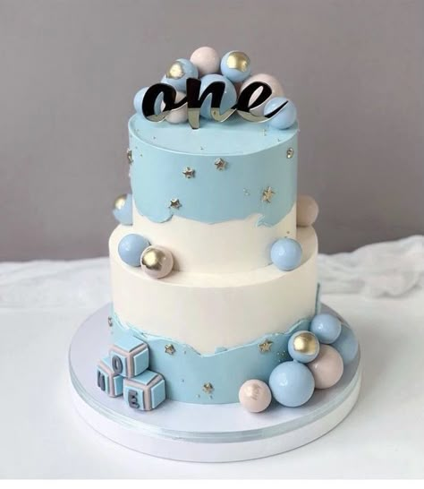 Unisex Cake Design, Two Tier First Birthday Cake, 1st Birthday Cake Boy Without Fondant, 2 Tier Birthday Cake Boy, 1 Year Baby Boy Birthday Cake Ideas, 1st Bday Cake For Boy, Blue Theme Cake, One Year Birthday Cake, Baby 1st Birthday Cake