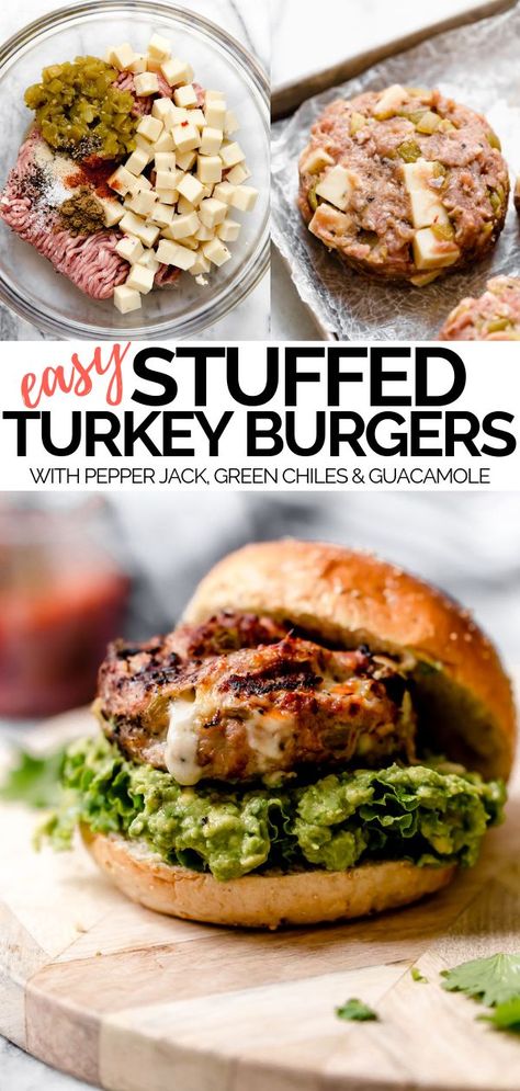 stuffed southwest turkey burgers with pepper jack & guacamole | cheese-lovers! these southwest turkey burgers will BLOW YOUR MIND. plus, i'm sharing my tips and secret method for juicy stuffed turkey burgers. #southwestturkeyburgers #stuffedturkeyburgers #turkeyburgers #grilledturkeyburgers Stuffed Turkey Burgers, Turkey Burger Recipes Healthy, Ground Turkey Burgers, Best Turkey Burgers, Grilled Turkey Burgers, Greek Turkey Burgers, Gourmet Burger, Stuffed Turkey, Healthy Burger