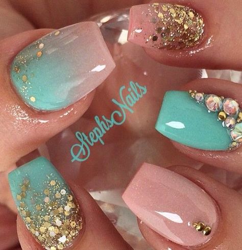 Nails Teal, Mint Nails, Mermaid Nails, Blue Nail, Pink Nail, Acrylic Nail Art, Hot Nails, Nailed It, Cute Nail Designs