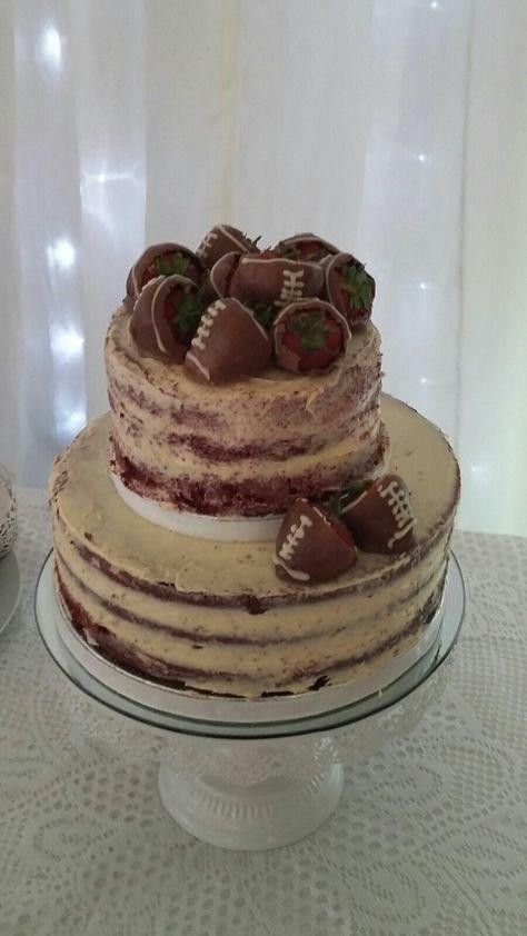 Two tier, semi naked red velvet grooms cake with chocolate covered strawberries decorated as American football's Cake With Chocolate Covered Strawberries, Cake Football, Grooms Cakes, Covered Strawberries, Grooms Cake, Velvet Cake, Chocolate Covered Strawberries, Party Cakes, Chocolate Covered