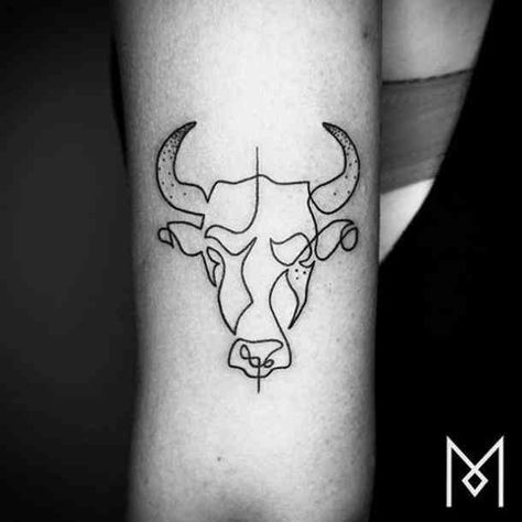 Head of bull tattoo with diverse little details. #taurus #zodiac #zodiacsign #astrology #horoscope Ox Tattoo, Taurus Bull Tattoos, Taurus Constellation Tattoo, Mo Ganji, Cow Tattoo, One Line Tattoo, Single Line Tattoo, Bull Tattoos, Taurus Tattoos