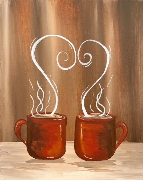 Coffee Acrylic Painting Easy, Winter Sip And Paint Ideas, Valentine's Drawings, Coffee Canvas Painting, February Painting, Coffee Painting Canvas, Christmas Painting Ideas On Canvas, Coffee Canvas, Theme Painting