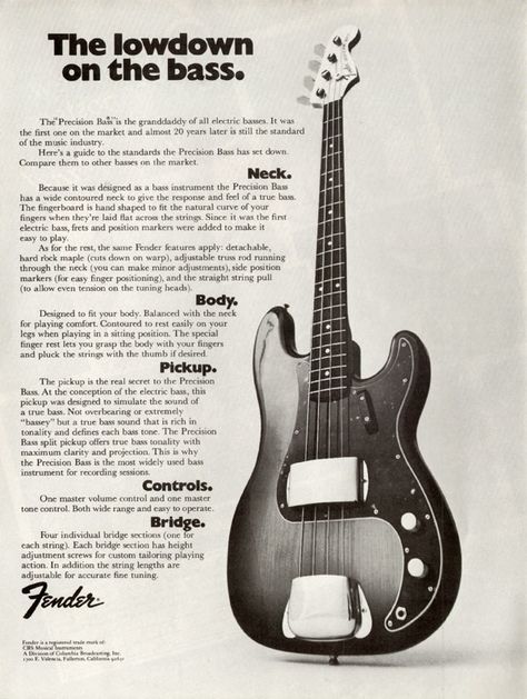 Fender Precision Bass ad. Fender P Bass, Fender Precision Bass, Guitar Tech, Fender Electric Guitar, All About That Bass, Bass Music, Fender Bass, Bass Player, Vintage Bass Guitars