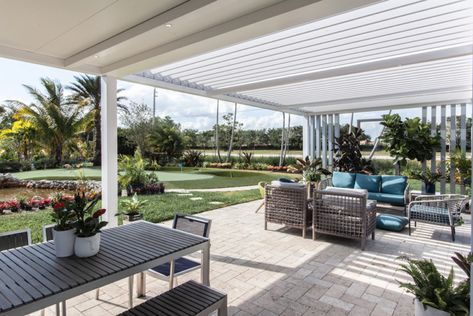 Half Covered Patio, Pergola Flooring, Half Pergola, Barwon Heads, Modern Pergola Designs, Patio Fan, Louvered Roof, Pergola Carport, Louvered Pergola