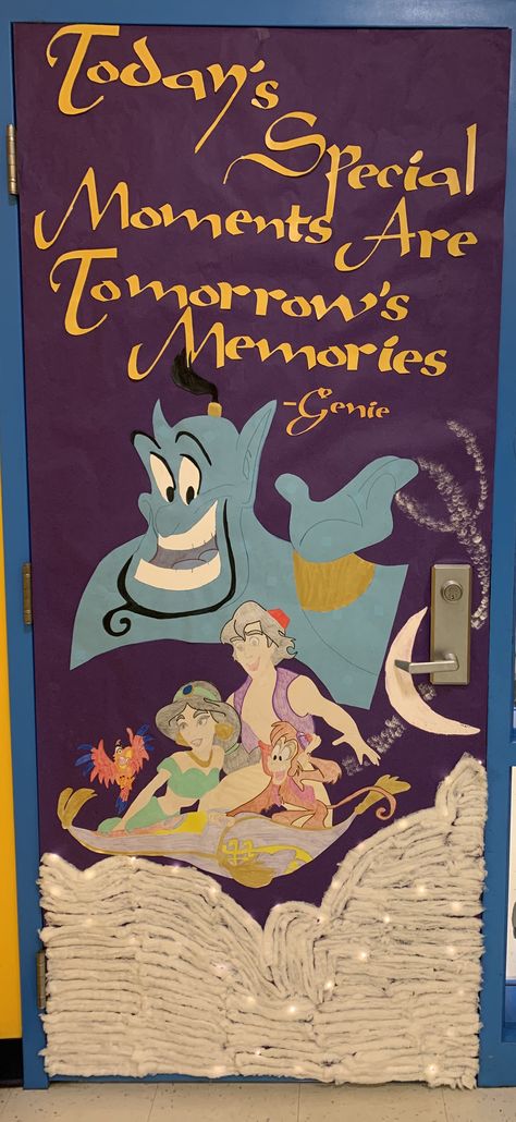 Aladdin door decoration Aladdin Door Decorations, Alladin Classroom Theme, Cinderella Door Decoration, Aladdin Classroom Theme, Disney Homecoming, Disney Bulletin Boards, Story Display, Disney Themed Classroom, Dinner Theater