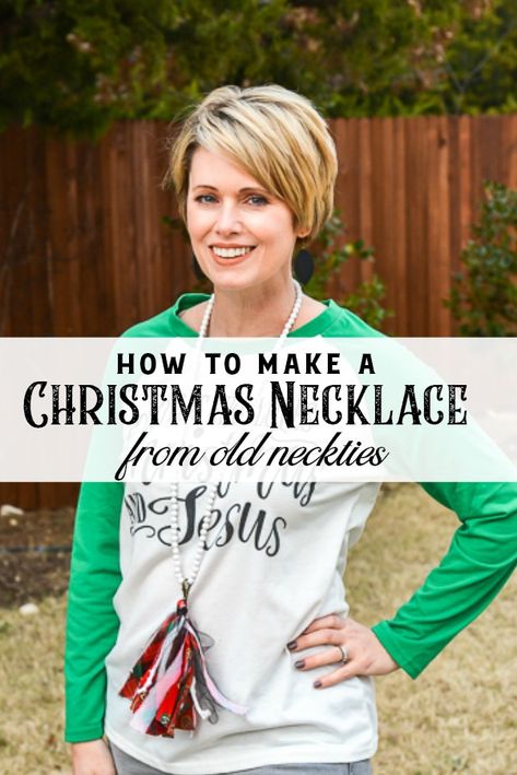 Learn how to make an adorable Christmas necklace from old neckties. This easy DIY jewelry project is perfect to get dressed up for the holidays or to give as a holiday gift idea. See how to make a tassel necklace for your holiday wardrobe in minutes! #holidayjewelry #diyjewelry #christmasnecklace #christmasjewelry #christmascraft #christmasDIY #upcycle #repurpose #tasseljewelry #tasselmaking Christmas Diy Jewelry, Diy Tassel Necklace, Jewelry Storage Diy, Necktie Crafts, Vintage Jewelry Diy, Thrift Store Diy, How To Make Tassels, Diy Jewelry Holder, Beaded Tassel Necklace