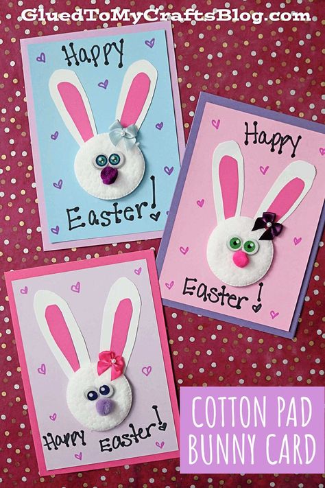 Cotton Pad Bunny Cards – Easter Kid Craft Easter Cards For Kids, Diy Easter Cards, Easter Bunny Cards, Bunny Cards, Easter Classroom, Easter Cards Handmade, Fun Easter Crafts, Pink Crafts, Easy Easter Crafts