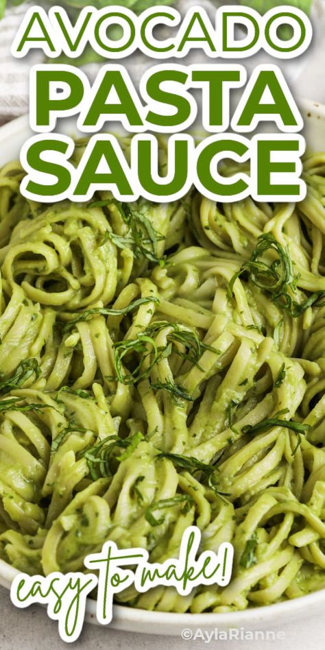 a bowl of pasta topped with avocado sauce with text Avocado Pasta Recipes Healthy, Avocado Pasta Sauce, Avocado Recipes Pasta, Caprese Pasta Salad Recipes, Avocado Sauce Pasta, Basil Pasta Recipes, Beet Pasta, Creamy Avocado Pasta, Avocado Pesto Pasta