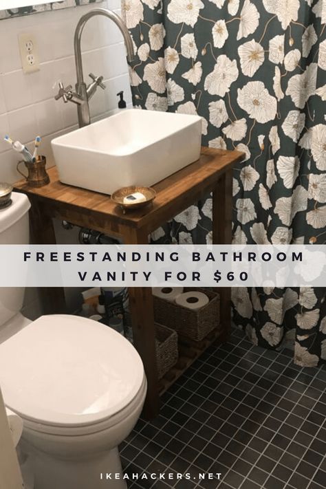 How I hacked a freestanding bathroom vanity for $60. An IKEA kitchen cart turned into a vessel sink bathroom vanity. Ikea Sinks Bathroom, Ikea Sink Cabinet Hack, Kitchen Cabinet Bathroom Vanity, Freestanding Bathroom Sink, Diy Vessel Sink Vanity, Vessel Sink Diy, Diy Vessel Sink, Ikea Sink Cabinet, Diy Sink Vanity