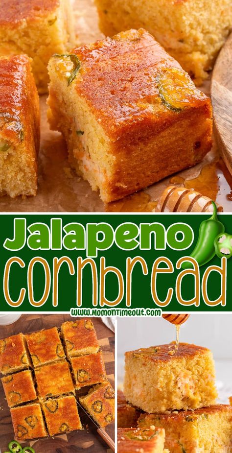 This mouthwatering Jalapeño Cornbread is tender, moist and delivers bold flavors with just the right balance of sweet and heat. This easy cornbread recipe is topped with a stunning honey-jalapeño glaze and has pockets of creamy jalapeño popper filling in the center. Spice up your next gathering with this irresistible cornbread! | MomOnTimeout.com Halloween Cornbread, Cornbread Recipe Easy, Flavored Cornbread, Sweet Cornbread Recipe, Jalapeño Cornbread Recipe, Cowboy Cornbread, Easy Cornbread, Easy Cornbread Recipe, Cornbread Cake