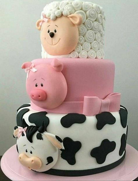 Farm animal cake Farm Cake, Farm Animal Birthday, Tiered Cake, Animal Cakes, Baby Cakes, Crazy Cakes, Novelty Cakes, A Cow, Shower Cake