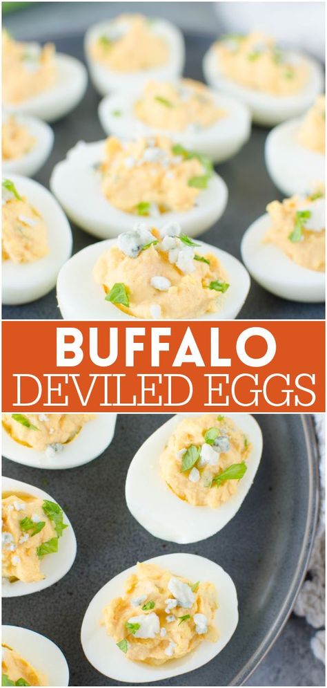 Buffalo Deviled Eggs – spicy buffalo deviled eggs topped with blue cheese. Perfect for a party! Blue Cheese Deviled Eggs, Buffalo Deviled Eggs, Thanksgiving Deviled Eggs, Buffalo Sauce Recipe, Sriracha Deviled Eggs, Spicy Deviled Eggs, Devilled Eggs Recipe Best, Making Hard Boiled Eggs, Best Deviled Eggs