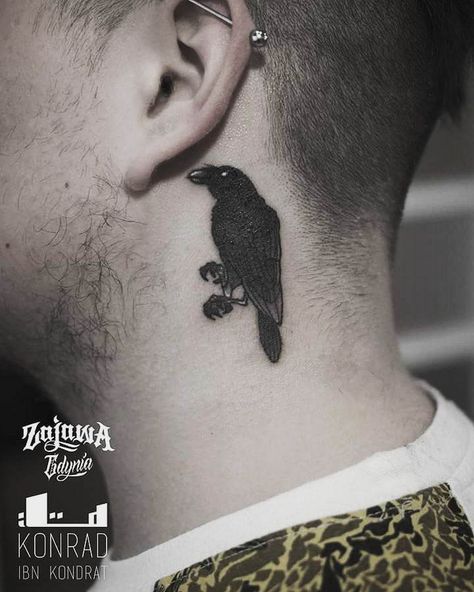 neck tattoo little crow Viking Tattoo Ideas, Inner Ear Tattoo, Viking Rune Tattoo, 9 Tattoo, Tattoo Behind Ear, Tattoo Couple, Tattoos Black, Ruffled Feathers, Rune Tattoo