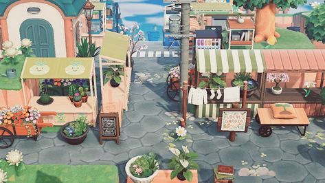 Animal crossing new horizon horizons, ACNH, flower market, street, terraforming Acnh Inspiration Town, Acnh Market Inspiration, Joey Acnh, Town Acnh, Animal Crossing Town, Orchid Mantis, Animal Crossing Guide, New Animal Crossing, Animal Crossing Game