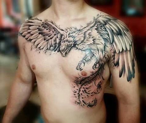 Phoenix Chest Tattoo Men, Phoenix Tattoo Chest, Phoenix Chest Tattoo, Tattoo Chest And Shoulder, Tato Geisha, Phoenix Tattoo Men, Phoenix Tattoo Sleeve, Tato Phoenix, Phoenix Tattoo For Men