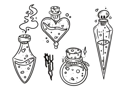 Mini Potion Bottle Tattoo, Harry Potter Potion Bottles Drawing, Witch Core Drawing, Potion Bottle Tattoo Ideas, Tiny Potion Bottle Tattoo, Heart Shaped Bottle Tattoo, Simple Potion Bottle Tattoo Design, Potion Bottle Line Art, Spell Jar Drawing