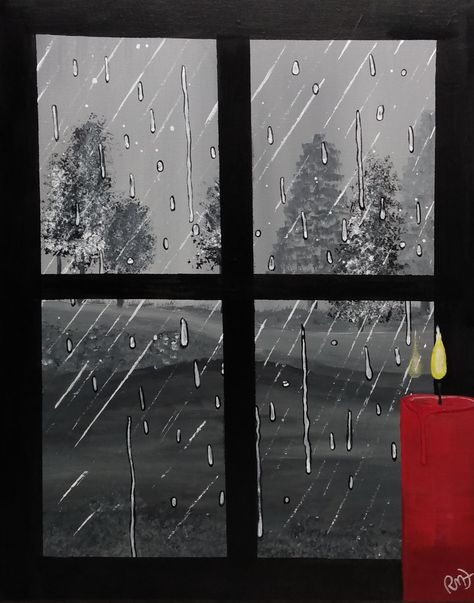 Rain On Window Drawing, Drawing Rain, Rainy Window, Rain Window, Candle Drawing, Window Drawing, Window Candles, Landscape Artwork, Art For Kids