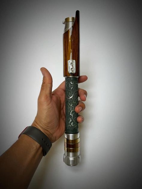 Fan Made Lightsabers, Unique Lightsaber Hilt Design, Green Lightsaber, Wood Lightsaber, Wooden Lightsaber, Medieval Lightsaber, Wood Lightsaber Hilt, Ancient Lightsaber, Wooden Lightsaber Hilt