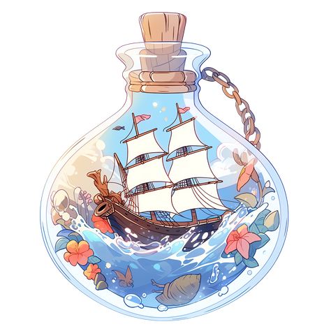 Cute Kawaii Ship in a Bottle Sticker Tiny World Drawing, Ship In A Bottle Drawing, Bottle Ship, Ocean Bottle, Ship In Bottle, Tiny Worlds, Ship In A Bottle, Cute Message, Bottle Drawing