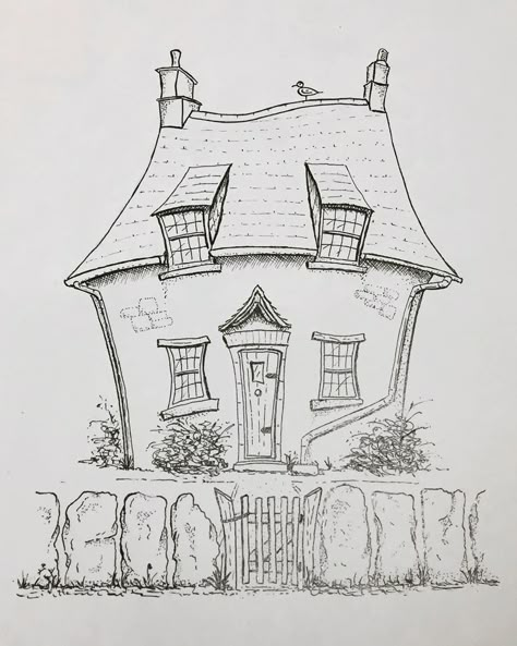 This lovely old cottage can be found in the Cotswolds, UK, and is built with the local stone. I love the gravestone-like slabs used as a… Cute House Drawing Cottages, Cottage Drawing Simple, Old House Illustration, Cottage House Drawing, Cute Cottage Drawing, Old House Drawing, Cottage Sketch, Whimsical Buildings, Cottage Drawing