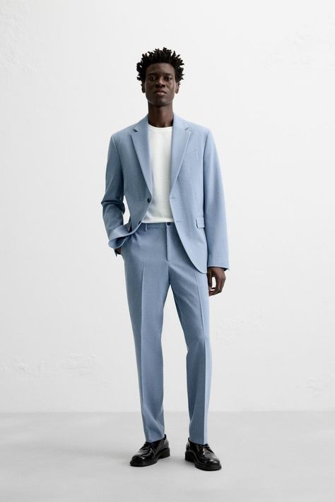 TEXTURED SUIT JACKET - Sky blue | ZARA United States Sky Blue Suit, Zara Store, Rehearsal Dinner Outfits, Blue Suit Men, Cardigan Sweater Jacket, Blazer Vest, Fitted Blazer, Slim Fit Pants, T Shirt Vest