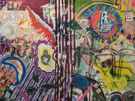 Chaotic Painting Ideas, Chaotic Artist Aesthetic, Street Art Mood Board, Alexandra Grant Art, Power Gcse Art Theme, Chemical Overreaction, Chaotic Painting, Chaotic Design, School Wide Art Collaboration